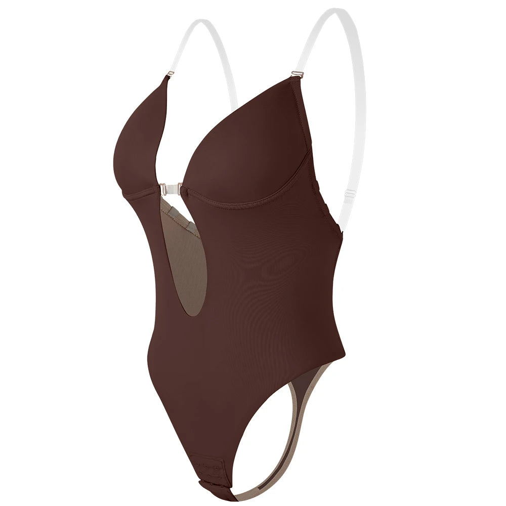 Bodysuit Shapewear Deep V-Neck Body Shaper Backless U Plunge Thong Shapers Waist Trainer Women Clear Strap Padded Push up Corset