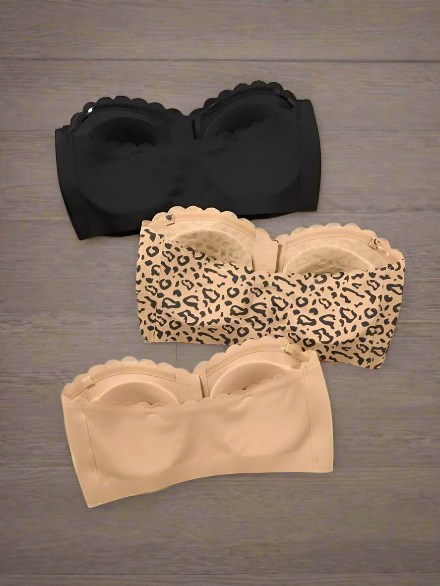 Women'S Solid / Leopard Print Strapless Bra, Wireless Push up Bra, Basic Casual Comfortable Breathable Scallop Trim Hook & Eye Front Bralette, Pastel Lingerie for All Seasons, Light Womenswear, Lady Bra Pack, Underwear